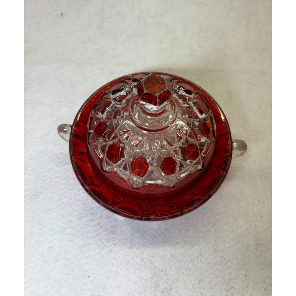 Ruby Stained Pressed Glass Covered Dish Vintage Two Handle Geometric Pattern